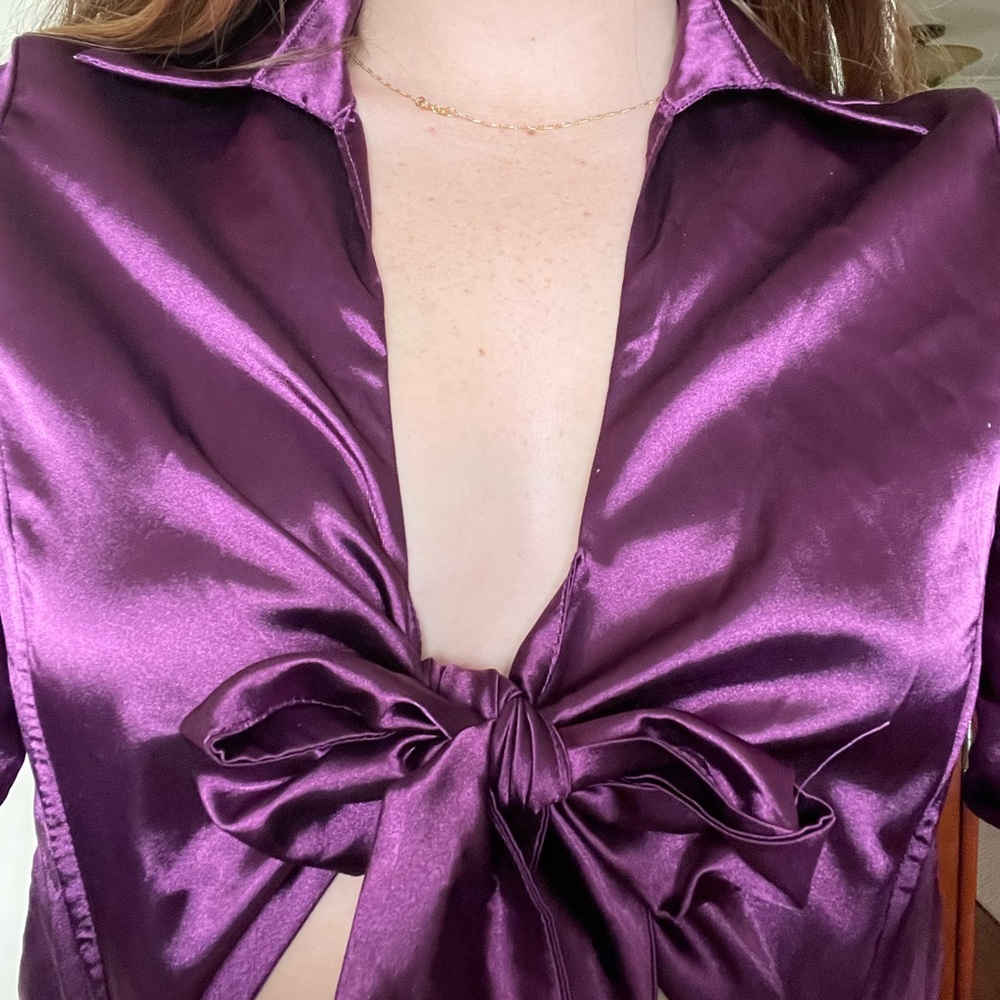 Purple Satin Tie-Front Bodysuit